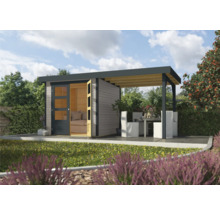 Abri de jardin avec terrasse couverte, sièges et table dans le jardin