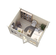 Vue intérieure d'une cabane de jardin avec coin bureau et coin salon