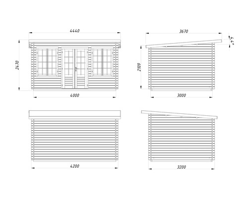 Dessin technique d'une cabane de jardin avec dimensions
