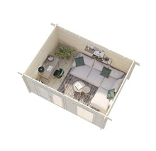 Innenansicht eines Gartenhauses mit Sitzecke und Schreibtisch