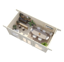 Vue intérieure d'une maison en bois avec coin repas, bar et coin salon.