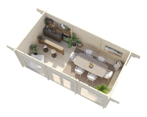 Vue intérieure d'une maison en bois avec coin repas, bar et coin salon.