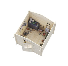 Vue intérieure d'une cabane de jardin avec des outils et équipements de jardinage.