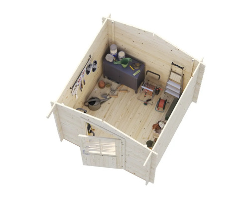 Vue intérieure d'une cabane de jardin avec des outils et équipements de jardinage.