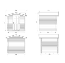 Schéma technique d'une remise de jardin avec dimensions.