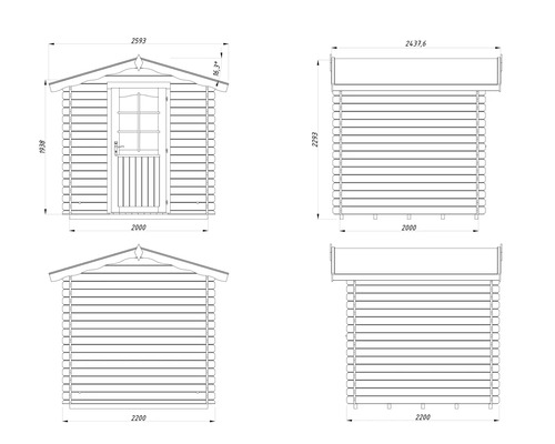Schéma technique d'une remise de jardin avec dimensions.