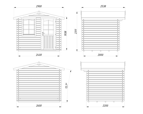 Technische Zeichnung eines Gartenhauses mit Maßangaben