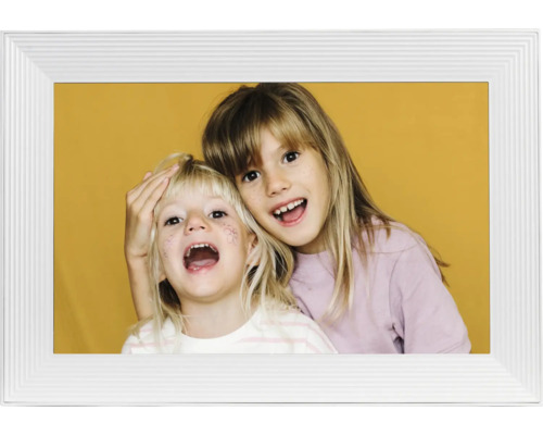 Aura Carver digitaler Bilderrahmen 10,1 Zoll weiß Digitaler Bilderrahmen mit Foto von zwei Mädchen