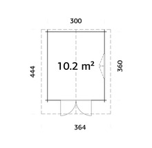 Plan d'un abri de jardin mesurant 300 x 360 x 444 x 364 cm et d'une superficie de 10.2 mètres carrés.