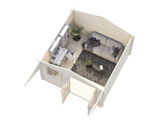 Innenansicht eines Gartenhauses mit Büro und Wohnbereich