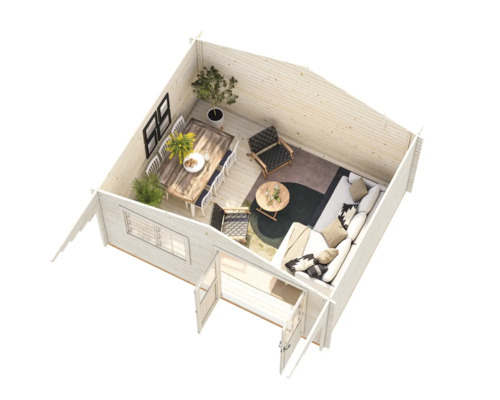 Innenansicht eines Gartenhauses mit Möbeln und Dekorationen, die eine gemütliche Atmosphäre schaffen