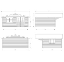 Technische Zeichnung eines Gartenhauses mit Maßangaben