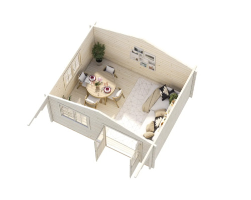 Vue intérieure d'une maison de jardin avec coin salon et table à manger