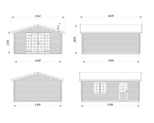 Technische Zeichnung eines Gartenhauses mit Abmessungen