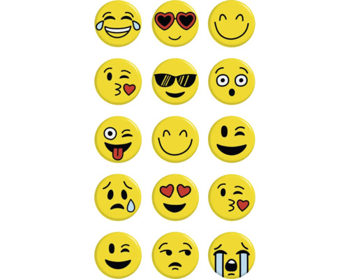 Ansammlung von gelben Emoji-Symbolen mit verschiedenen Gesichtsausdrücken