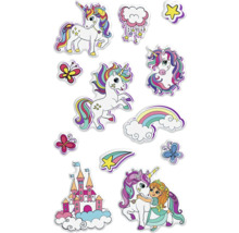 Planche d'autocollants avec des motifs de licorne, de papillon, de château, d'arc-en-ciel et d'étoile