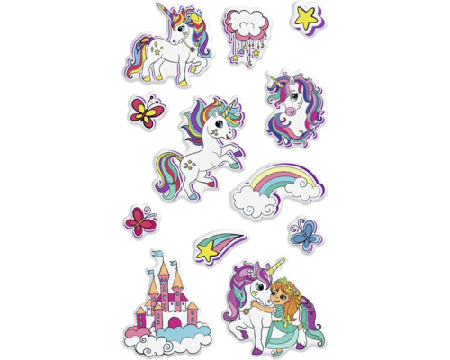 Planche d'autocollants avec des motifs de licorne, de papillon, de château, d'arc-en-ciel et d'étoile