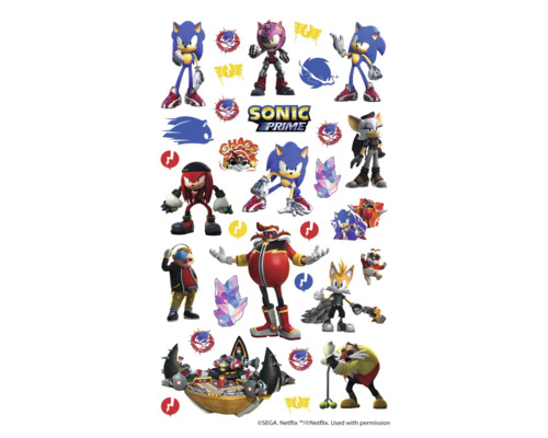 Planche d'autocollants Sonic Prime avec différents personnages et logos