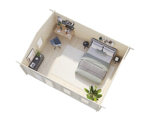 Innenansicht eines Gartenhauses mit Schlafzimmer und Arbeitsbereich