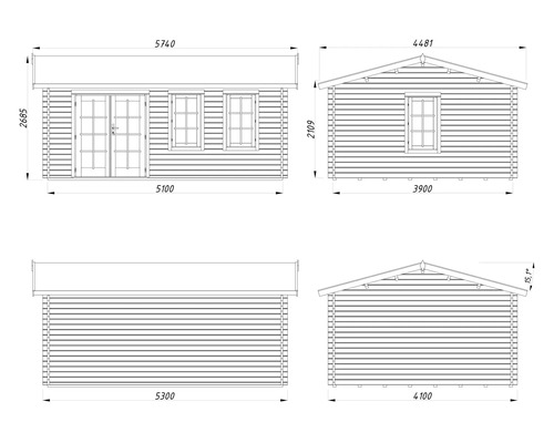 Technische Zeichnung eines Gartenhauses mit Maßangaben