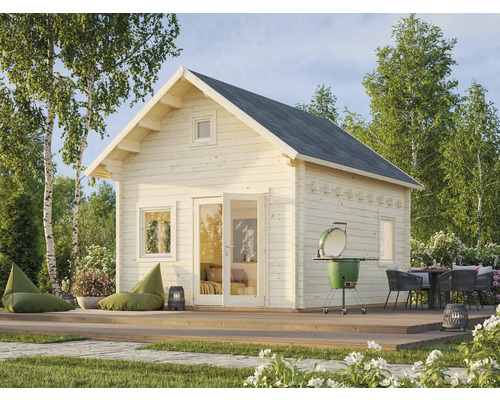 Abri de jardin Palmako Kendra 18,4 m² avec plancher 419 x 583 cm naturel Jardin avec maison en bois, barbecue et coin salon sur une terrasse en bois