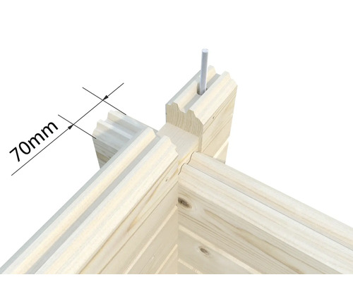 Vue détaillée d'un angle de madrier avec une indication de mesure de 70 mm et une tige filetée.