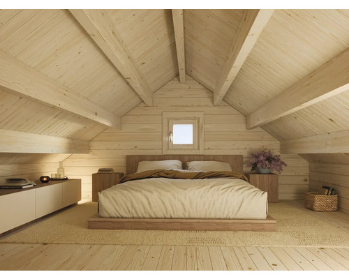 Chambre lumineuse avec murs en bois, mansarde et lit double