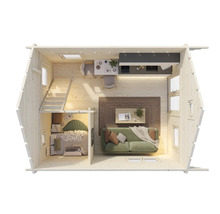 Vue intérieure d'une maison en bois avec espace de vie, cuisine et coin nuit sur deux niveaux