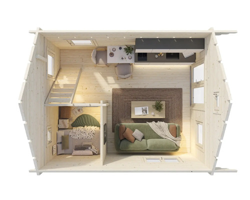 Vue intérieure d'une maison en bois avec espace de vie, cuisine et coin nuit sur deux niveaux