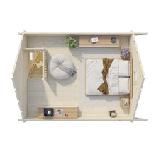 Vue intérieure d'une maison en bois avec chambre, coin salon et escalier