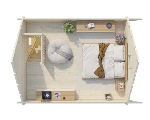 Vue intérieure d'une maison en bois avec chambre, coin salon et escalier