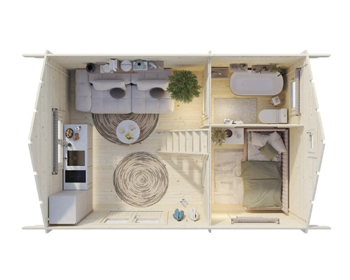 Grundriss eines Holzhauses mit Wohnzimmer, Küche, Bad und Schlafzimmer