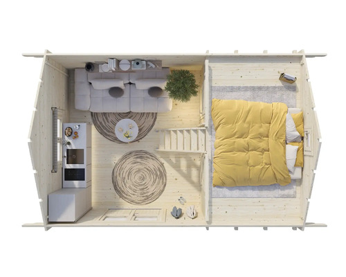 Draufsicht eines Holzhauses mit Wohnbereich, Küche und Schlafzimmer