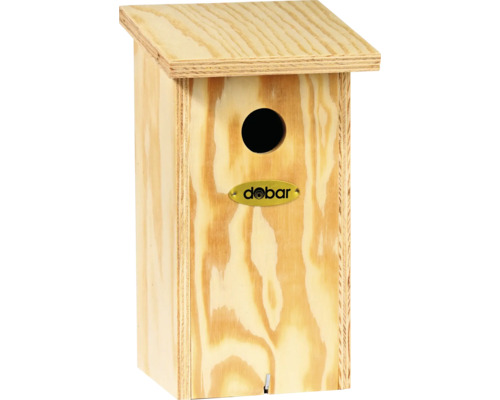 Vogelhaus aus Holz mit rundem Einflugloch und Dobar Logo
