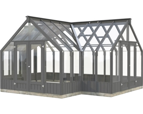 Serre avec façade en verre et cadre en bois