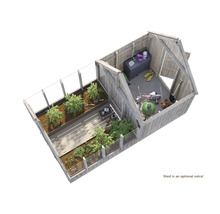 Vue de dessus : serre avec plantes et remise à outils pour outils de jardin