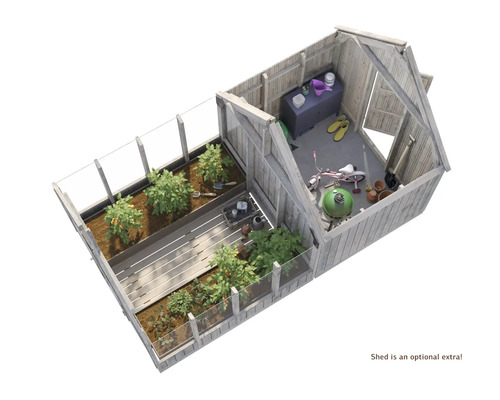 Vue de dessus : serre avec plantes et remise à outils pour outils de jardin