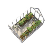 Gewächshaus mit Pflanzen und Anbautischen