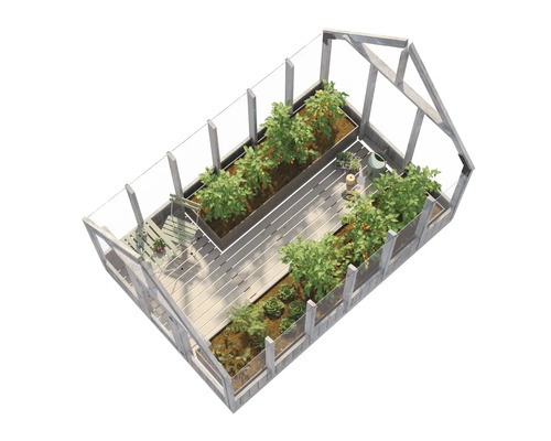 Gewächshaus mit Pflanzen und Anbautischen