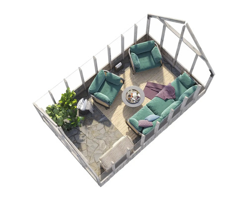 Innenansicht eines Wintergartens mit Sitzmöbeln und Pflanzen