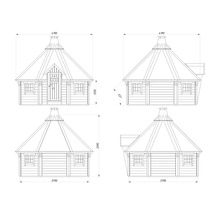 Zeichnung eines Gartenhauses mit Maßen und verschiedenen Ansichten.