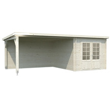 Holzgartenhaus mit überdachter Terrasse und Doppeltür