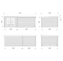 Technische Zeichnung eines Gartenhauses mit Maßangaben