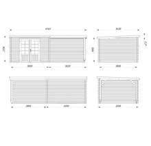 Technische Zeichnung eines Gartenhauses mit Maßen
