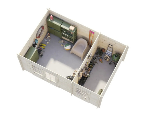 Vue intérieure d'une cabane de jardin avec des meubles et des outils de jardin