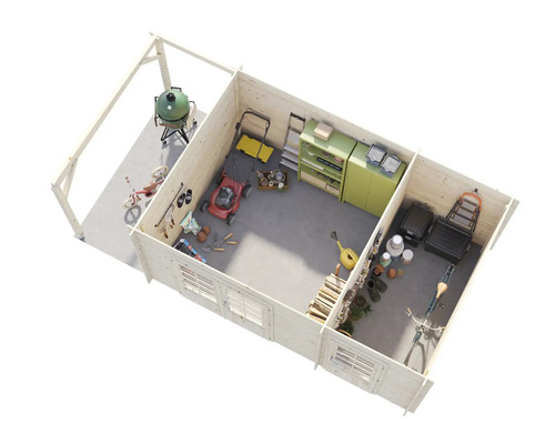 Vue de dessus d'une cabane de jardin en bois avec des outils de jardinage, des jouets et des vélos