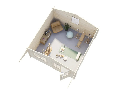 Ansicht von oben: Gartenhaus als Fitnessraum mit Geräten und Sitzgelegenheiten