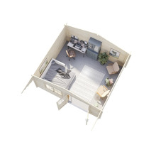 Innenansicht eines Blockhauses mit Schlafbereich, Arbeitsbereich und Sitzecke.