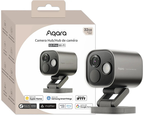 Aqara Camera Hub G5 Pro mit WLAN Funktion und der Information, dass das Produkt mit Apple Home, Samsung SmartThings, IFTTT, Google Home und Alexa funktioniert.