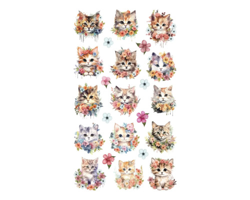 Planche d'autocollants avec motifs de chats et décorations florales
